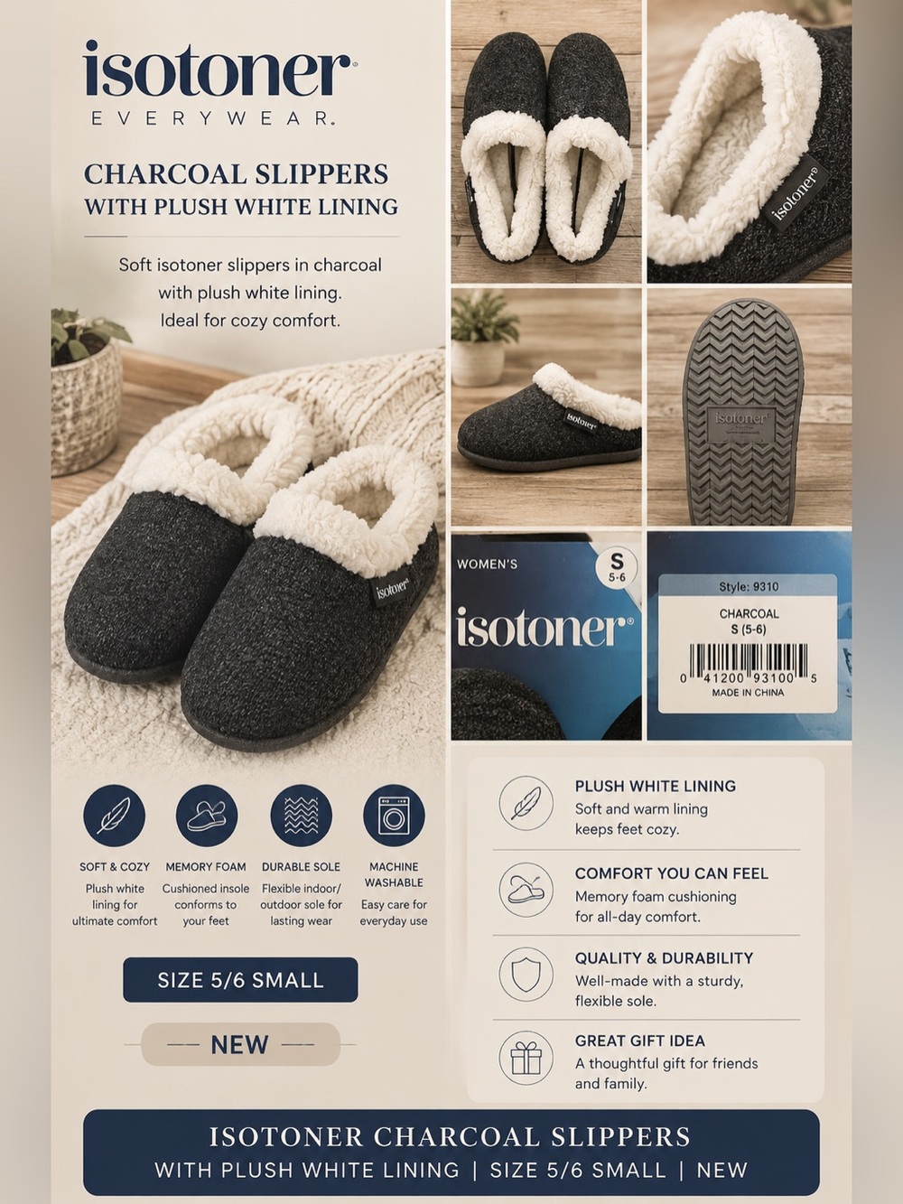 Isotoner Charcoal Slippers with Plush‎ White Lining Size 5/6 Small NEW